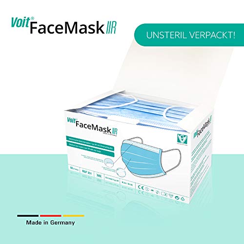 VOIT - Medizinische Gesichtsmaske Typ IIR EN 14683, 4-lagig, Einweg-Mundschutz, OP-Maske mit Ohrenschlaufen, atmungsaktiv, Made in Germany, 50 Stück
