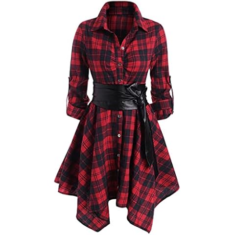 OLIPHEE Women's Shirt Dress Check Tartan Shirt Long Sleeve Blouse Mini Dress Long Top Waist Belt Plaid Shirt Skirt Red XL Cover