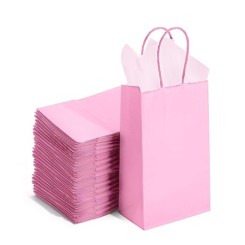 DjinnGlory 100 Pack Small Sized Pink Paper Gift Bags with Handles Bulk for Small Business, Boutiques, Baby Showers, Party Favors & Care Packages, 9x5.5x3.15 Inch