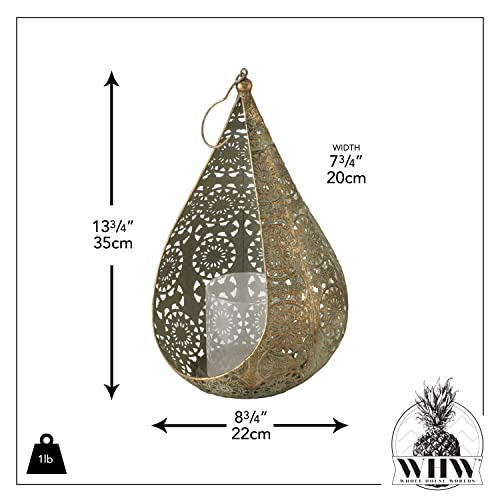 Chubby Tear-Drop Candle Lantern, Semi Circular, Glass Sleeve, Moroccan, Metal, Daisy Lattice Work, Hurricane, Hook Hanger, 13.75 Inches #TOP7