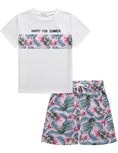 Image of GERU Boy Shorts Sets Hawaiian Outfit Kid Leaves Floral Short Sleeve Shirt Top+shorts Suits
