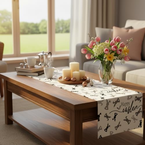 Luzzxfa Hasen Tischläufer Ostern Deko Grau Leinen Frühlings Tischdeko Tischläufer Heimdekoration Tischdecke Ostern Geburtstagsparty Tisch Dekorationen 33x183 cm