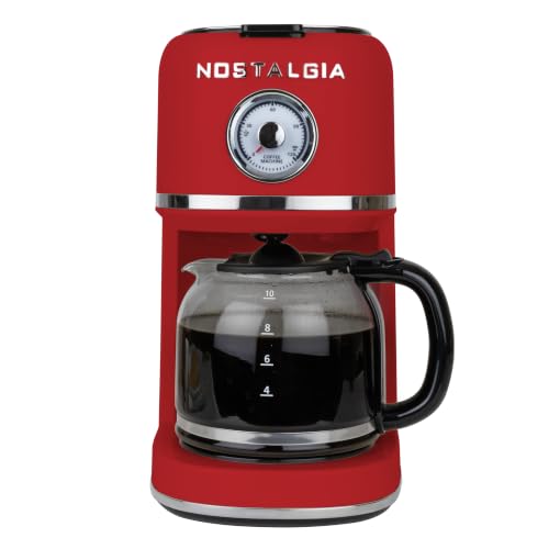 Image of Nostalgia Classic Retro 10 Cup Coffee Maker - One-Touch Drip Brew, Reusable Filter - Anti-Drip, Auto Shutoff, & Time Display - Dishwasher Safe 50 oz Carafe - Red