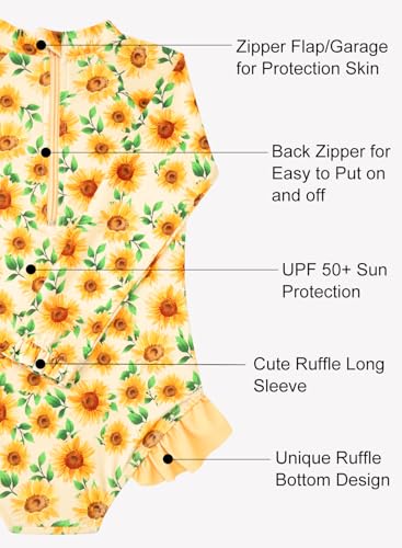Image of Baby Toddler Girl Long Sleeve Ruffle Swimsuit One Piece Zipper Rash Guard Bathing Suit with UPF 50+ Sun Protection