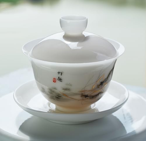 Image of Liang baobao Ice Jade White Porcelain Gaiwan,5oz Teacup Suet-fat Jade Porcelain Chinese Tea Cup Set for Gongfu Tea (shrimp)