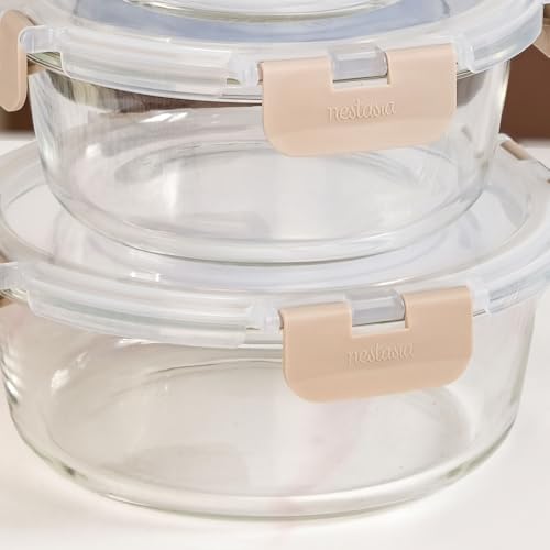 Image of Nestasia Nestro Airtight Glass Containers with Lid Set of 4 (215ml, 400ml, 600ml, 950ml) | Spill Proof Round Glass Containers with Break Free Lock - Microwave, Dishwasher & Freezer Safe (Beige)