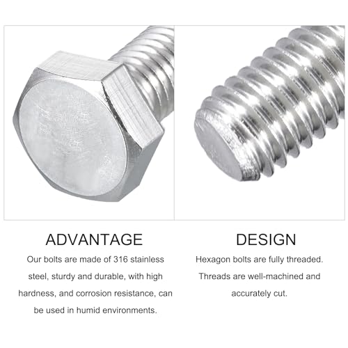 Image of METALLIXITY Hex Head Screw Bolt (M8-1.25x30mm) 5Pcs, 316 Stainless Steel, Fully Threaded, External Hex Drive, Bright Finish - for Repair, Silver