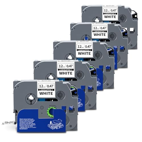 5-Pack TZe-231 TZ 12mm 0.47 Laminated White Compatible for Brother TZe231 TZ-231 TZe-231 1/2 Inch Label Tape Refills for P Touch Label Maker PT-D220 H100 D210 D400 D410 D600 PTD610BT Black on White