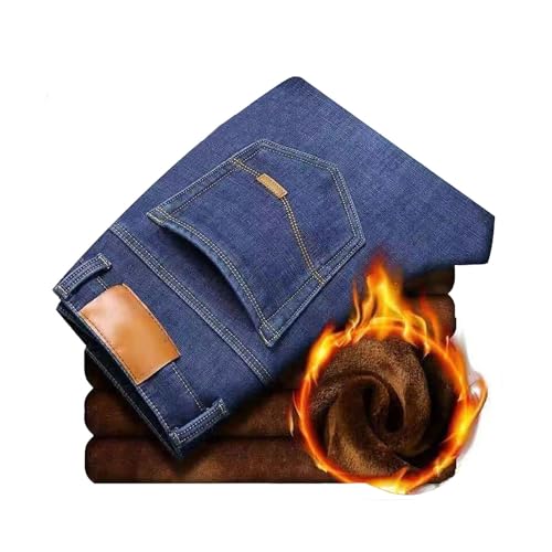 Mens Fleece Lined Jeans Denim Thermal Trousers for Men UK Cold Weather Winter Work Fleece Lining Pants with Pockets Male Teddy Stretch Workwear for Outdoor and Sports