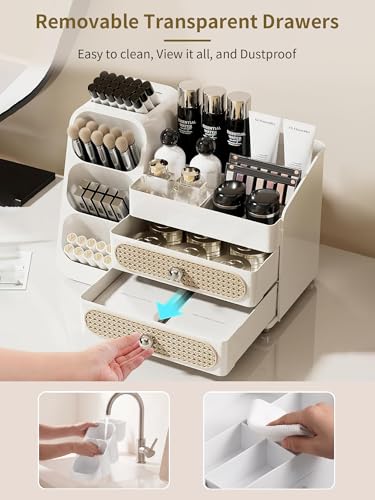 Image of Booklov Makeup Organizer for Vanity, Large Capacity Cosmetic Display Case with Drawers, Countertop Beauty Storage Holder for Skincare, Brush Eyeliner Perfume Eyeshadow Lipsticks, Counter Desk, White