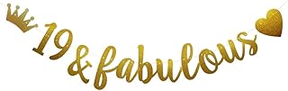 19 & Fabulous Banner, Pre-Strung, Funny Gold Paper Glitter Party Decorations for 19th Birthday Party Supplies, Letters Gold,ABCpartyland