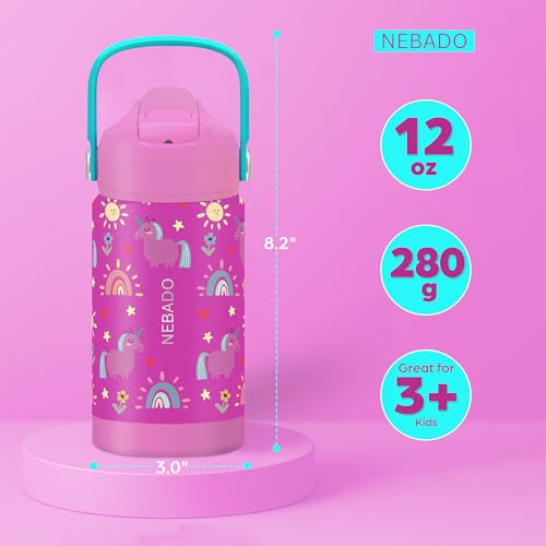 Image of Kids Stainless Steel Insulated Water Bottle with Straw 12oz - Leak Proof Toddler Insulated Cup for School, BPA Free with Handle & Non-Slip Silicone Base, Dishwasher Safe, Whimsical Pink