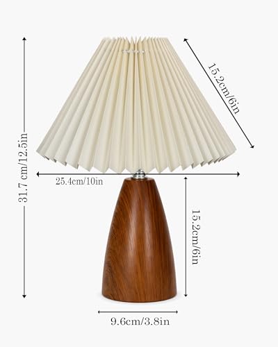 Image of Homesake Wood Grain Pattern Small Table Lamp, Desk Light, Wooden Bedroom Lamps for Nightstand, Scalloped Lamp Shade Table Lamps Small Spaces, Bedroom, Living Room, Taper Cone, (Pleated Off-White)