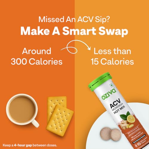 Image of OZiva ACV Moringa Hot Mix | Control Cravings & Boost Metabolism | Apple Cider Vinegar, Gymnema, Cinnamon, Moringa | Desi Kahwa - 15 Effervscent Tablets.