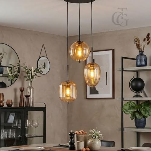 Image of Decorative Glass Pendant Lights|Perfect for Kitchen, Dining Room, Cafe or Living Room Lighting|Set of 3 Elegant Ribbed Amber-Glass Shades