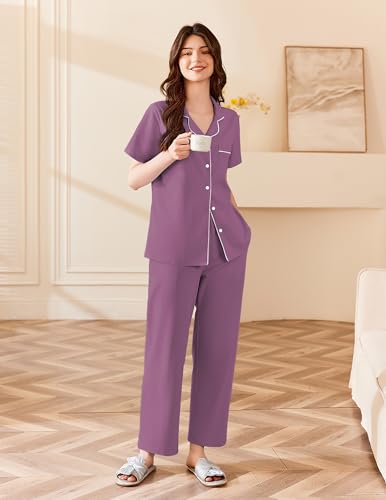Image of Ekouaer Women's 100% Cotton Pajamas Set Short Sleeve Button Down Pjs 2 Piece Soft Sleepwear with Long Pants Lounge Set