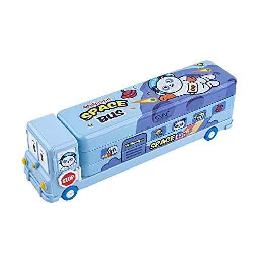 Image of LONGMIRE Plastic Space School Bus Shaped Pencil Box for Kids with Wheels and Sharpener Metal Bus Pencil Box for Boys Multicolor