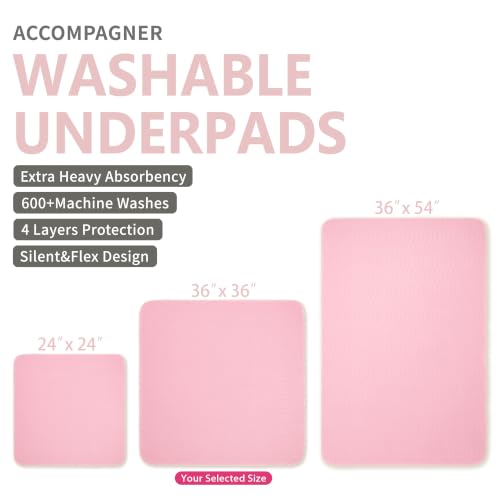 Image of Accompagner Incontinence Bed Pads Washable Waterproof Underpads 36 inchx36 inch 4pc | 4-Layer Heavy-Absorbency Reusable Pee Pads for Adults, Kids, Elderly, Dogs, Bedridden, Bedwetting, Nursing, Sofa (Pink)