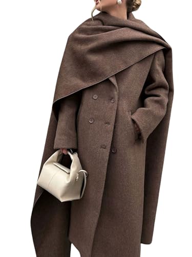 utcoco Womens Maxi Wool Coats Long Shawl Scarf Button Down Woolen Blend Trench Coat with Pockets