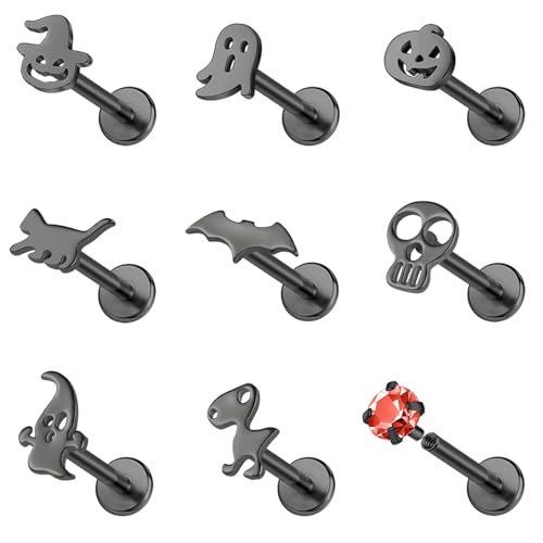 ZS 9Pcs 16G Halloween Lip Labret Studs, Stainless Steel Internally Threaded Jewelry for Conch Medusa Piercing, Black Bat Skull Ghost Forward Helix Tragus Earring for Women Men