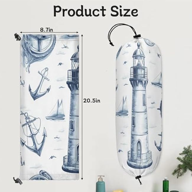2 Pcs Nautical Lighthouse Plastic Bag Holder Sailboat Anchor Grocery Bag Storage Dispenser Washable Hanging Shopping Bags Carrier Wall Mount Trash Bag Organizer for Kitchen Pantry