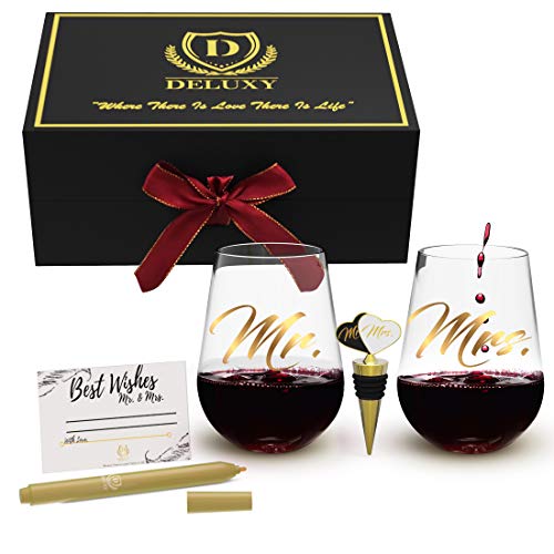DELUXY Mr and Mrs Stemless Wine Glasses | Best Bridal Shower Gifts For