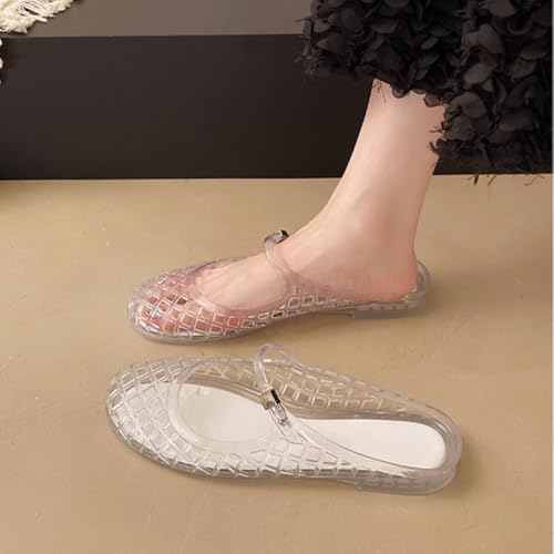 Image of Jelly Mesh Ballet Flats for Women Clear Hollow Jelly Shoes Sandals Round Toe Non-Slip Beach Ballerina Jellies Flats Shoes