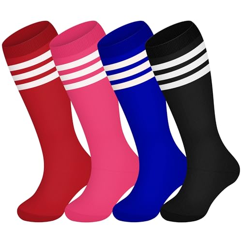 Ammiko 4 Pairs Kids Soccer Socks Knee High Socks Uniform Socks Youth Football Socks Long Tube Baseball Socks Girls Boys