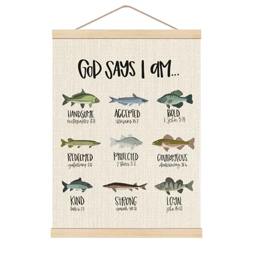 Image of HKTZM Christian Bible Scripture God Says I am Fishing Wooden Poster Hangers 12.5x17 Inch,Home Kids Room Nursery Playroom Decor,Fishing Gifts for Kids Girls Boys,Christian Gifts for Women Teen Girls
