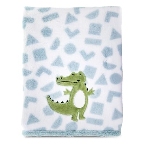 Appliqued Gator Soft Baby Blanket – Plush for Boys, Blue and White Toddler Blanket 30