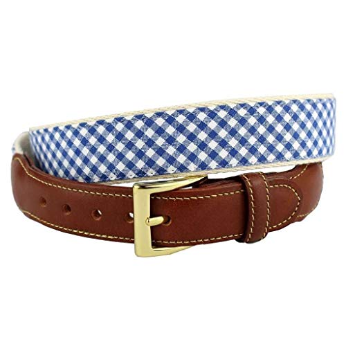 COUNTRY CLUB PREP Gingham Leather Tab Belt in Royal Blue
