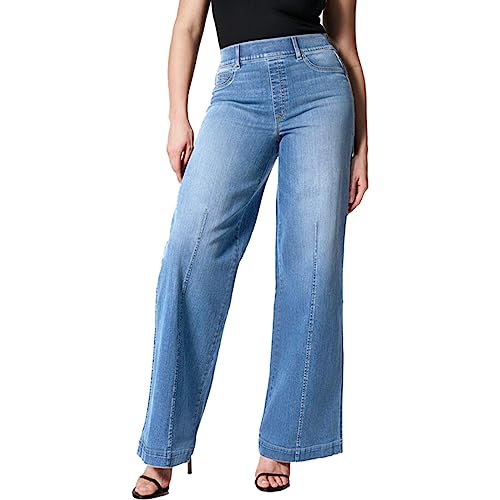 Pantalon jean large femme taille haute élastique confortable