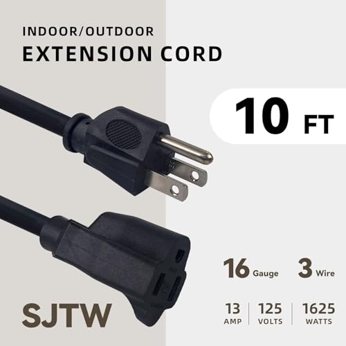 Image of 10ft Outdoor Extension Cord - 16 /3 Heavy Duty SJTW Waterproof Black Electrical Cable with 3 Prong Grounded Plug for Safety, Great for Lawn and Major Appliances