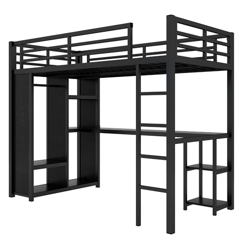 Image of Bellemave Twin XL Loft Bed with Desk, Wardrobe, Metal Twin XL Loft Bed Frame for Adults, Kids, Teens, Black