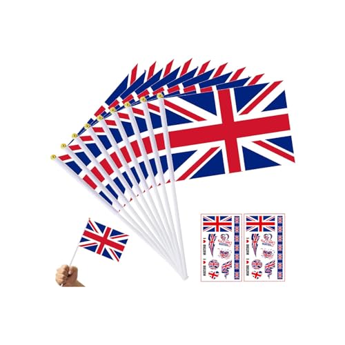 20PCS Union Jack Hand Flags - Great Britain British Handheld Flag with Pole Small Hand Waving Bunting for VE Day 80th Anniversary Sports Events Football Party Decorations (Bonus 2pcs Tattoo Stickers)