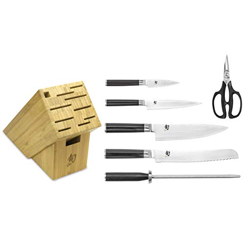 Shun Cutlery Classic 7-Piece Essential Block Set; 11-Slot Bamboo Block, 3.5-inch Paring Knife, 6-inch Utility Knife, 8- inch Chef’s Knife, 9-inch Bread Knife, Herb Shears, Combination Honing Steel
