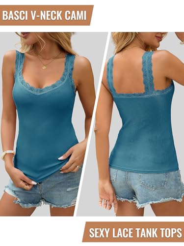 Image of Lace Camisole Tank Tops for Women V Neck Wide Strap Soft Ribbed Lace Trim Cami
