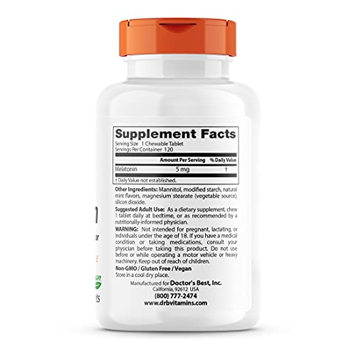 Doctor's Best Melatonin, Helps Promote Healthy Sleep, Jet-Lag, Brain Health & Cognitive Function, Non-Gmo, Vegan, Gluten Free, 5 Mg, 120 Chewable Tablets #TOP1