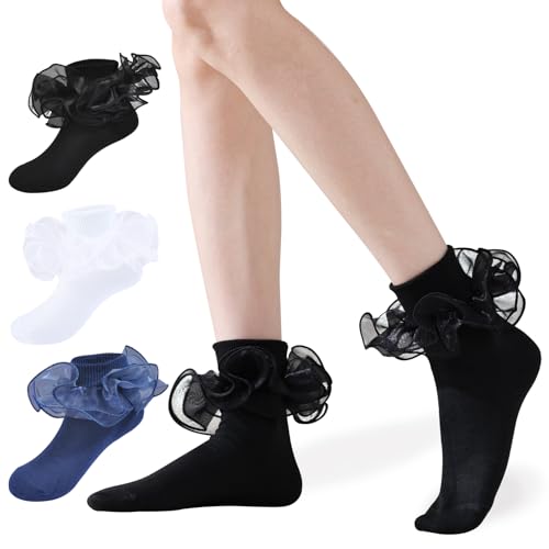 Mini Angel Ruffle Socks for Women - Double Lace Frilly Ankle Cotton Turn Cuff Crew Princess Lolita