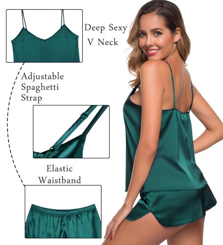 Image of SWOMOG Womens Silk Satin Pajamas Sets 4pcs Sleepwear Sexy Cami Shorts Set and Button Down Short Sleeve Pjs Loungewear