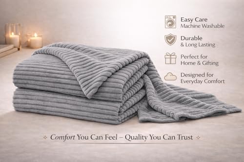 Image of WONJU Premium Ultra Soft Coral Fleece Blanket for Bed & Sofa | Warm Plush Ribbed Throw | Lightweight Cozy Winter Blanket | Machine Washable | Multiple Colors (Gery)