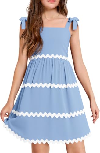 Haloumoning Girl's Sundresses Kids Summer Sleeveless Bowknot Strap RIC Rac Smocked Summer Dresses 5-14 Years