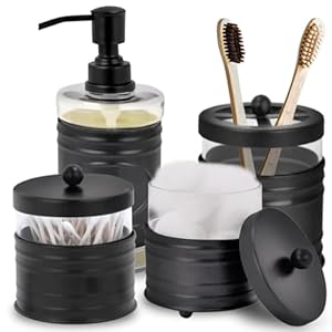 Autumn Alley Farmhouse Matte Black Bathroom Accessories Set (4 PCS) – Lotion Soap Dispenser, Black Toothbrush Holder Set, 2 Glass Apothecary Jars (Qtip Holder) – Rustic Bathroom Accessories Set