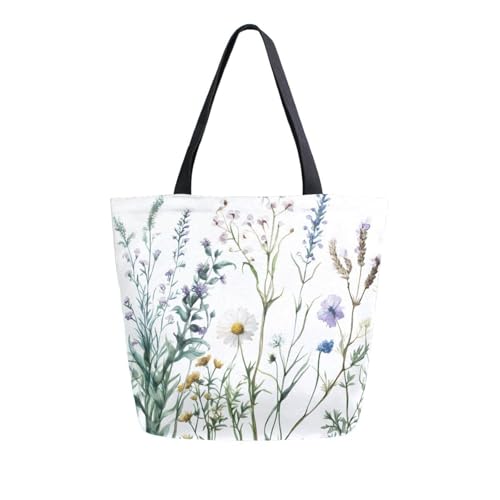 Extra Large Shoulder Tote Bag for Beach Travel Weekender Gym Watercolor Wildflowers Green Leaves Plants Reusable Grocery Canvas Shopping Bag2