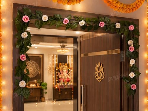 Image of Divyakosh Mango Leaf Vine /Creeper with Camellia Flower for Door Decoration 80 Inch | 12 Camilia Flowers Hanging Thoran /Bandarwal for Diwali Ganpati Navratri Wedding Pooja Home Entrance Decor
