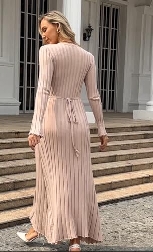 Image of RanRui Womens Winter Fall Pleated Knitted Fit and Flare Long Sleeve Sweater Dress