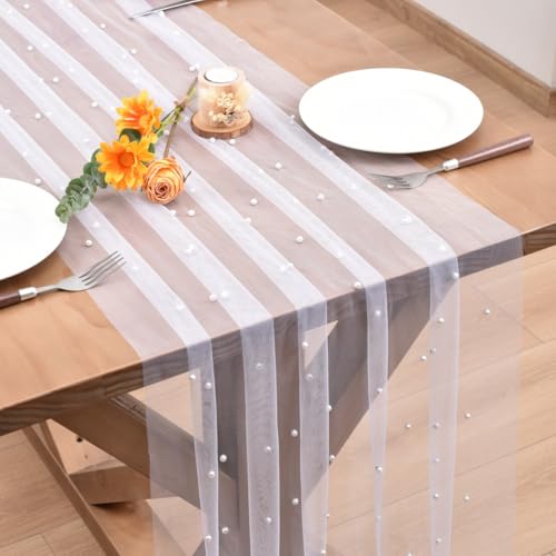 Dlpafzy White Pearl Fall Thanksgiving Table Runner Boho Rustic Tulle Lace Table Runner for Baby Shower Wedding Arch Decor Veil Dessert Table Decor