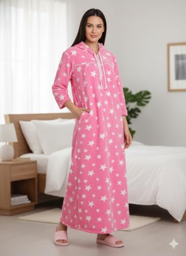 Image of Winter Wear Woolen Nighty Dress With hoodies pink Nighty Women Gown Dress Maxi Full-Length Maxi Nighty Bath Robe Free Size