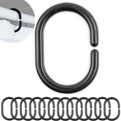 Anillos de Cortina de Ducha, 12 Piezas, en Negro, Diámetro Interior 46 x 29 mm, para Barras de Cortina de Ducha, Anillos de Ducha de Plástico Resistentes, Ganchos de Cortina de Ducha, C-Ring Gancho