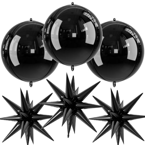 Image of 6pcs 22 inch Black Star Balloons and Black 4D Large Foil Balloons, Foil Star Spike Balloon 4D Ball Balloon For Graduation Birthday Baby Shower Party Wedding Anniversary Father's Day Retirement Decor